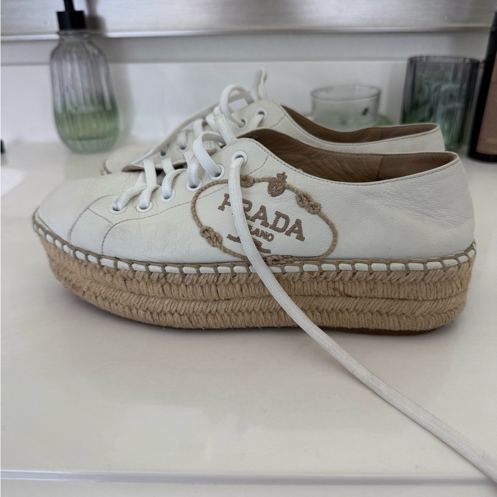 Prada White Leather Espadrille Shoes